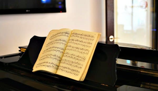 Learn to sight read music. Sheet music on grand piano.